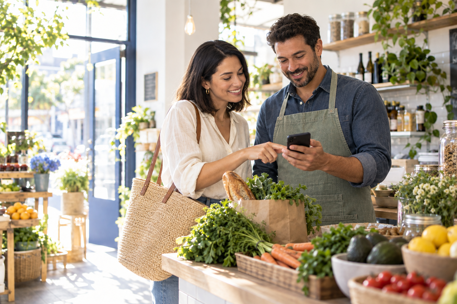 Illustration générée par IA : une cliente et un commerçant consultent un téléphone dans un commerce lumineux.